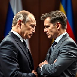 A tense and dramatic face-to-face confrontation between Vladimir Putin and Volodymyr Zelensky