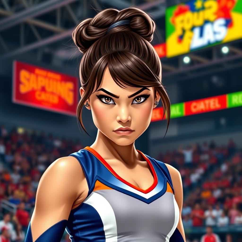 A fierce Filipino cheerleader with brown hair styled in a tight bun, wearing a sleek and bold cheerleading uniform