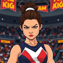 A fierce Filipino cheerleader with brown hair styled in a tight bun, wearing a sleek and bold cheerleading uniform