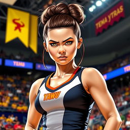 A fierce Filipino cheerleader with brown hair styled in a tight bun, wearing a sleek and bold cheerleading uniform