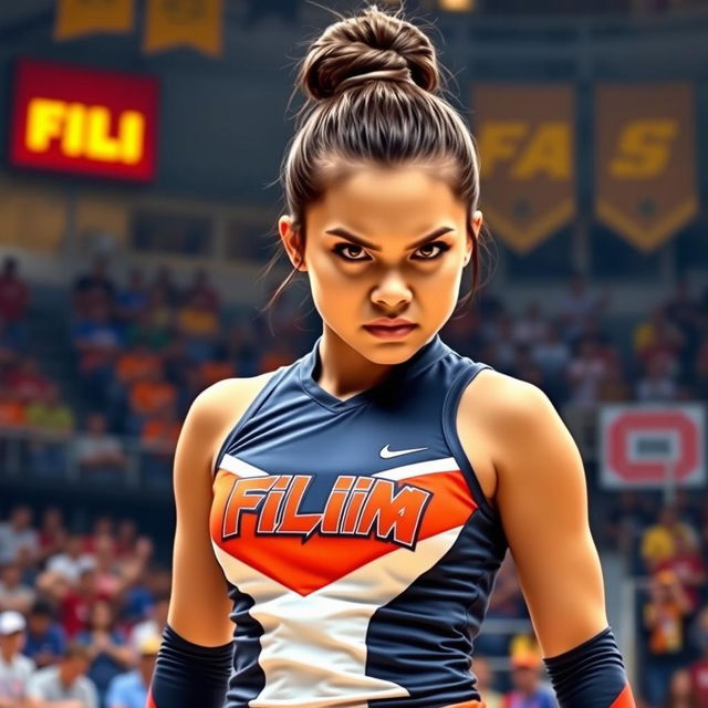A fierce Filipino cheerleader with brown hair styled in a tight bun, wearing a sleek and bold cheerleading uniform