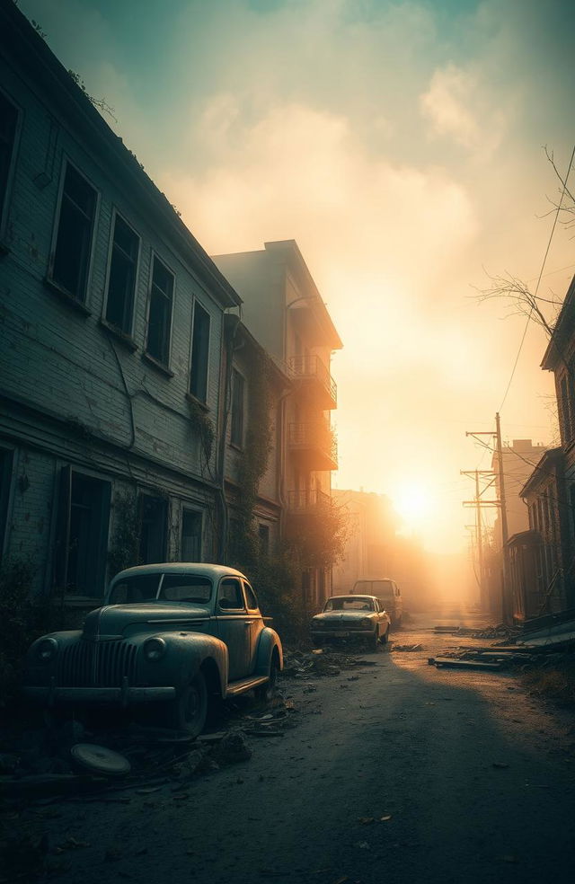 An eerie and atmospheric scene of an abandoned town, showcasing dilapidated buildings with peeling paint and broken windows, overgrown with weeds and vines