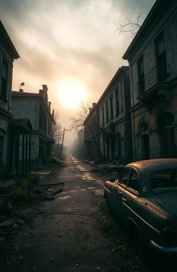 An eerie and atmospheric scene of an abandoned town, showcasing dilapidated buildings with peeling paint and broken windows, overgrown with weeds and vines