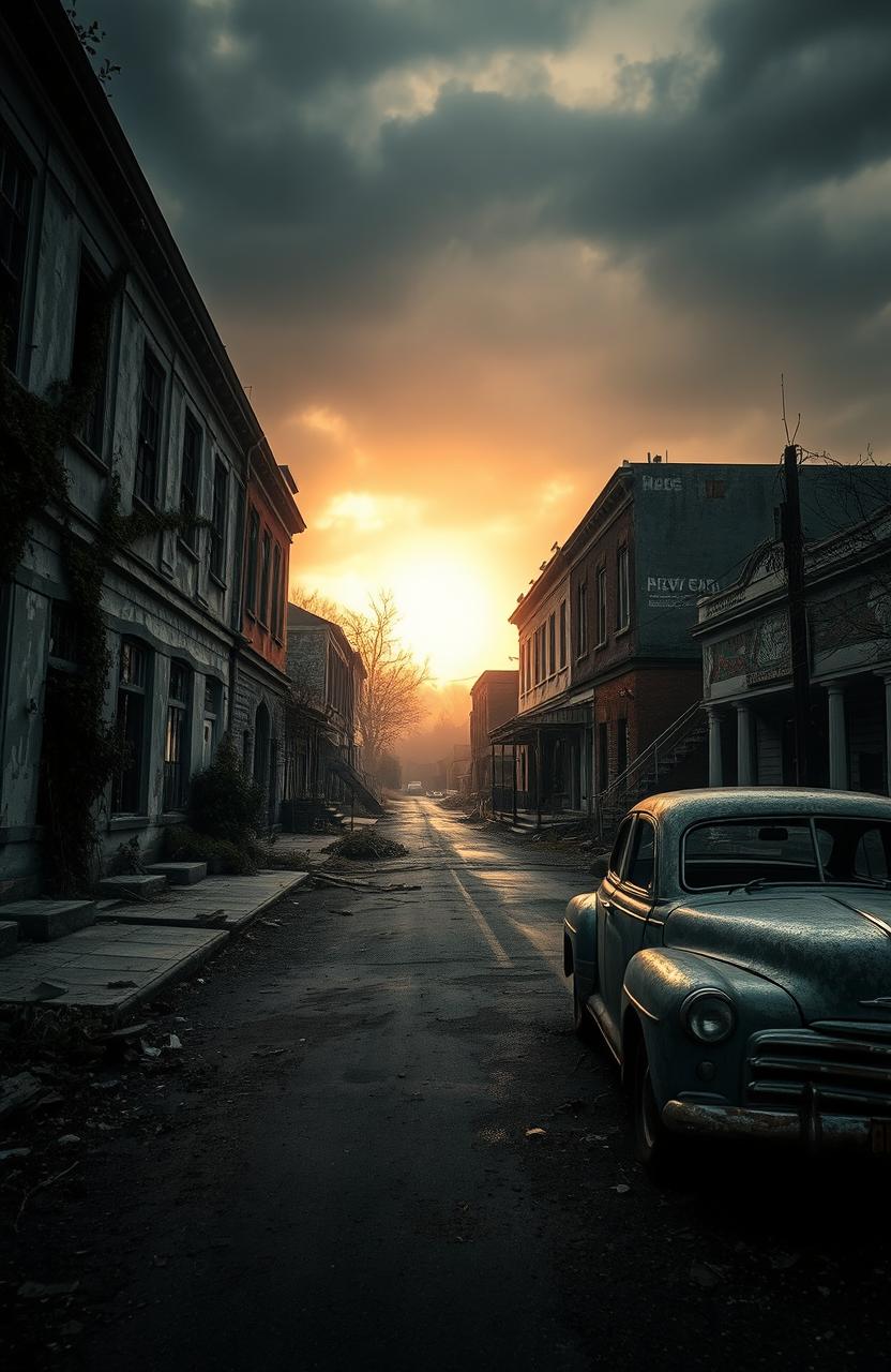 An eerie and atmospheric scene of an abandoned town, showcasing dilapidated buildings with peeling paint and broken windows, overgrown with weeds and vines