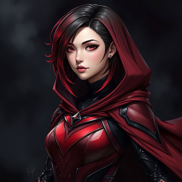 A young woman with a stunning gradient hairstyle transitioning from black to red, wearing a sleek, form-fitting armor suit in rich shades of red and black