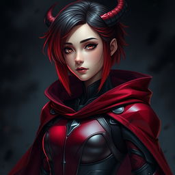 A young woman with a stunning gradient hairstyle transitioning from black to red, wearing a sleek, form-fitting armor suit in rich shades of red and black