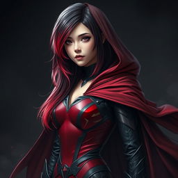 A young woman with a stunning gradient hairstyle transitioning from black to red, wearing a sleek, form-fitting armor suit in rich shades of red and black