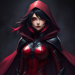 A young woman with a stunning gradient hairstyle transitioning from black to red, wearing a sleek, form-fitting armor suit in rich shades of red and black