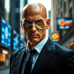 A stylish man in a sharp black suit, known for his confidence and charisma, standing upright with intensity