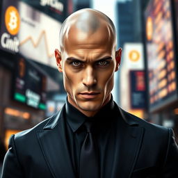 A stylish man in a sharp black suit, known for his confidence and charisma, standing upright with intensity