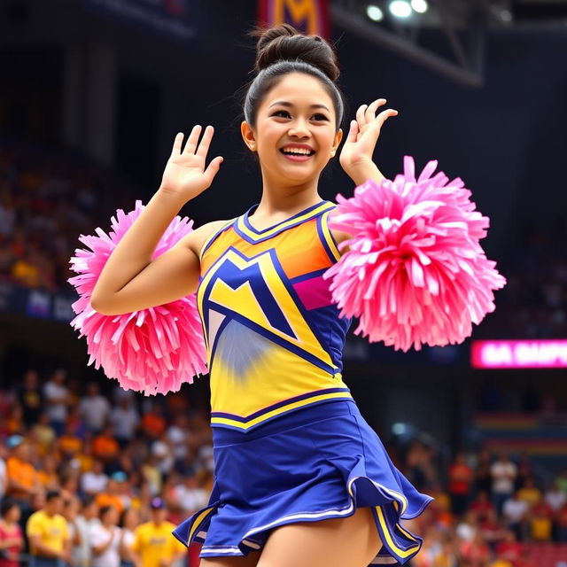 A vibrant Filipino cheerleader with brown hair elegantly styled in a bun, dressed in a bright and energetic cheerleading uniform adorned with her team colors