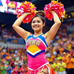 A vibrant Filipino cheerleader with brown hair elegantly styled in a bun, dressed in a bright and energetic cheerleading uniform adorned with her team colors