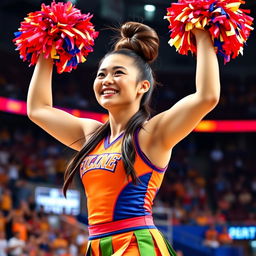 A vibrant Filipino cheerleader with brown hair elegantly styled in a bun, dressed in a bright and energetic cheerleading uniform adorned with her team colors