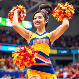A vibrant Filipino cheerleader with brown hair elegantly styled in a bun, dressed in a bright and energetic cheerleading uniform adorned with her team colors
