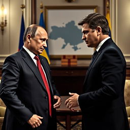 A tense and political face-to-face meeting between Vladimir Putin and Volodymyr Zelensky, set in an elegantly furnished, dimly lit meeting room