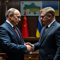A tense and political face-to-face meeting between Vladimir Putin and Volodymyr Zelensky, set in an elegantly furnished, dimly lit meeting room