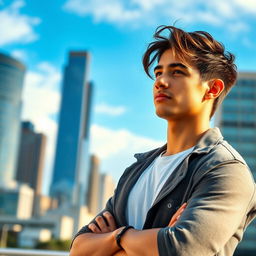 A young man in a modern urban setting, sporting stylish casual attire