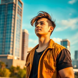A young man in a modern urban setting, sporting stylish casual attire