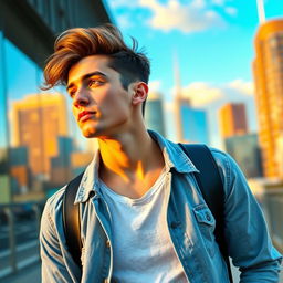 A young man in a modern urban setting, sporting stylish casual attire
