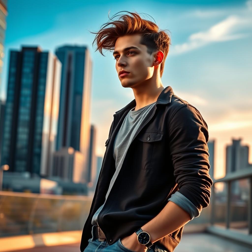 A young man in a modern urban setting, sporting stylish casual attire