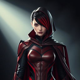 A young woman with a striking gradient hairstyle that blends from black to red, adorned in a sleek, form-fitting armor suit featuring dynamic shades of red and black