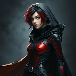 A young woman with a striking gradient hairstyle that blends from black to red, adorned in a sleek, form-fitting armor suit featuring dynamic shades of red and black