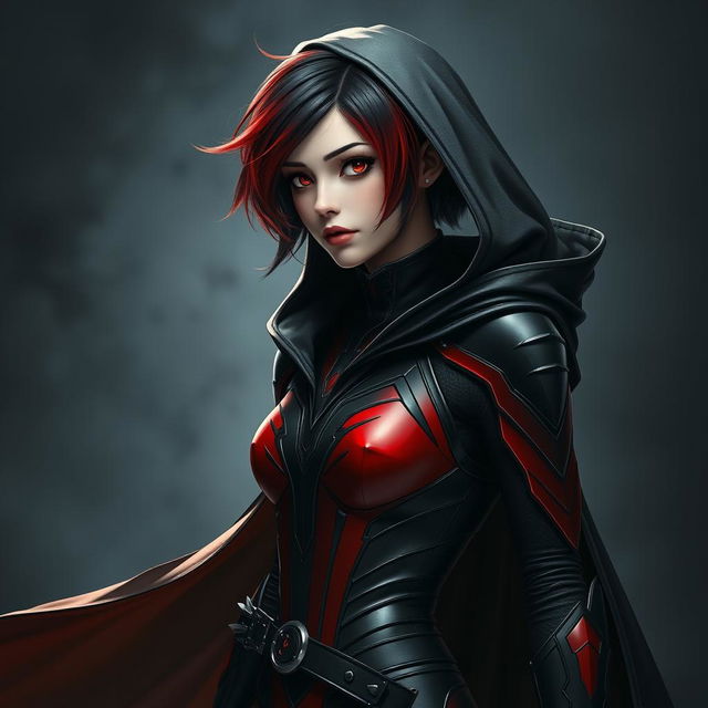 A young woman with a striking gradient hairstyle that blends from black to red, adorned in a sleek, form-fitting armor suit featuring dynamic shades of red and black