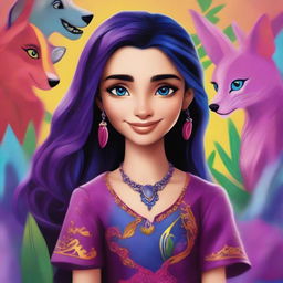 A vibrant digital art image depicts Claudia, the daughter of Carlos de Vil and Evie from Disney's Descendants