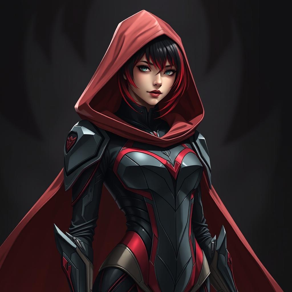 A young woman with a striking gradient hairstyle that blends from black to red, adorned in a sleek, form-fitting armor suit featuring dynamic shades of red and black