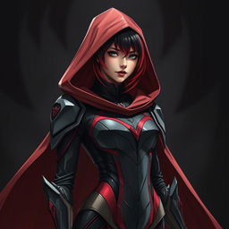 A young woman with a striking gradient hairstyle that blends from black to red, adorned in a sleek, form-fitting armor suit featuring dynamic shades of red and black