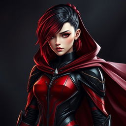 A young woman with a striking gradient hairstyle that blends from black to red, adorned in a sleek, form-fitting armor suit featuring dynamic shades of red and black