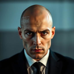 A close-up portrait of a male figure wearing a sleek black suit and showcasing a bald head