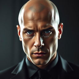 A close-up portrait of a male figure wearing a sleek black suit and showcasing a bald head