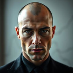 A close-up portrait of a male figure wearing a sleek black suit and showcasing a bald head