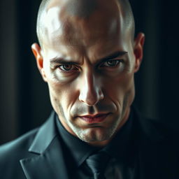 A close-up portrait of a male figure wearing a sleek black suit and showcasing a bald head