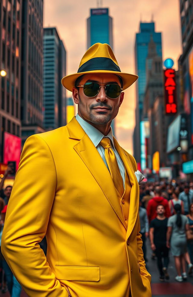 A mysterious man dressed in a vibrant yellow suit, standing confidently against a bustling city street backdrop