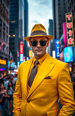 A mysterious man dressed in a vibrant yellow suit, standing confidently against a bustling city street backdrop
