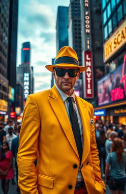 A mysterious man dressed in a vibrant yellow suit, standing confidently against a bustling city street backdrop