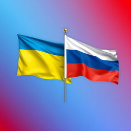 A visually striking image featuring the flags of Ukraine and Russia side by side