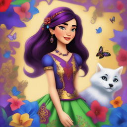 A vibrant digital art image depicts Claudia, the daughter of Carlos de Vil and Evie from Disney's Descendants