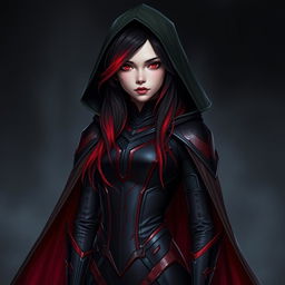 A young woman with long hair featuring a captivating gradient from black to red, dressed in a sleek, form-fitting armor suit adorned in shades of deep red and black