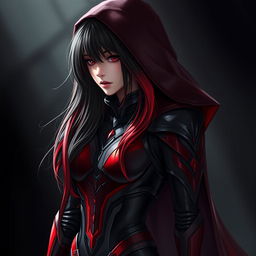 A young woman with long hair featuring a captivating gradient from black to red, dressed in a sleek, form-fitting armor suit adorned in shades of deep red and black