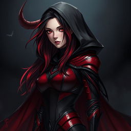 A young woman with long hair featuring a captivating gradient from black to red, dressed in a sleek, form-fitting armor suit adorned in shades of deep red and black