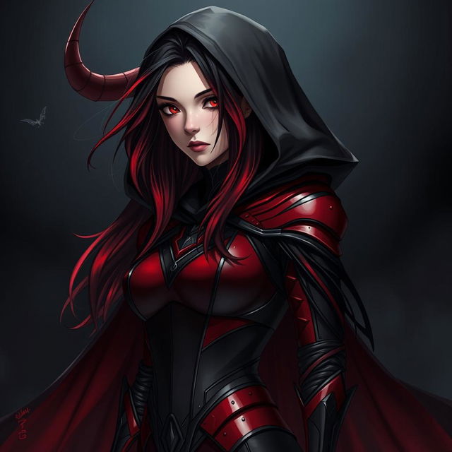 A young woman with long hair featuring a captivating gradient from black to red, dressed in a sleek, form-fitting armor suit adorned in shades of deep red and black