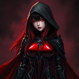 A young woman with long hair featuring a captivating gradient from black to red, dressed in a sleek, form-fitting armor suit adorned in shades of deep red and black