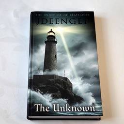 A mysterious book cover design featuring a dramatic lighthouse perched on a rugged cliff, illuminated by a haunting beam of light cutting through the fog