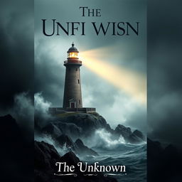 A mysterious book cover design featuring a dramatic lighthouse perched on a rugged cliff, illuminated by a haunting beam of light cutting through the fog