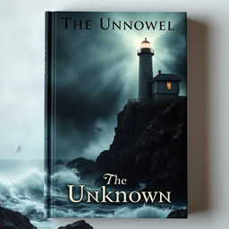 A mysterious book cover design featuring a dramatic lighthouse perched on a rugged cliff, illuminated by a haunting beam of light cutting through the fog