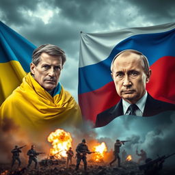 A tense and dramatic scene depicting the flags of Ukraine and Russia in a war-torn setting, featuring the leaders of both nations