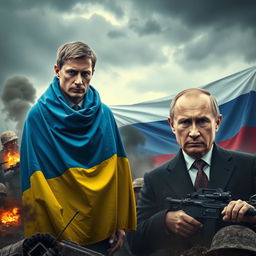 A tense and dramatic scene depicting the flags of Ukraine and Russia in a war-torn setting, featuring the leaders of both nations